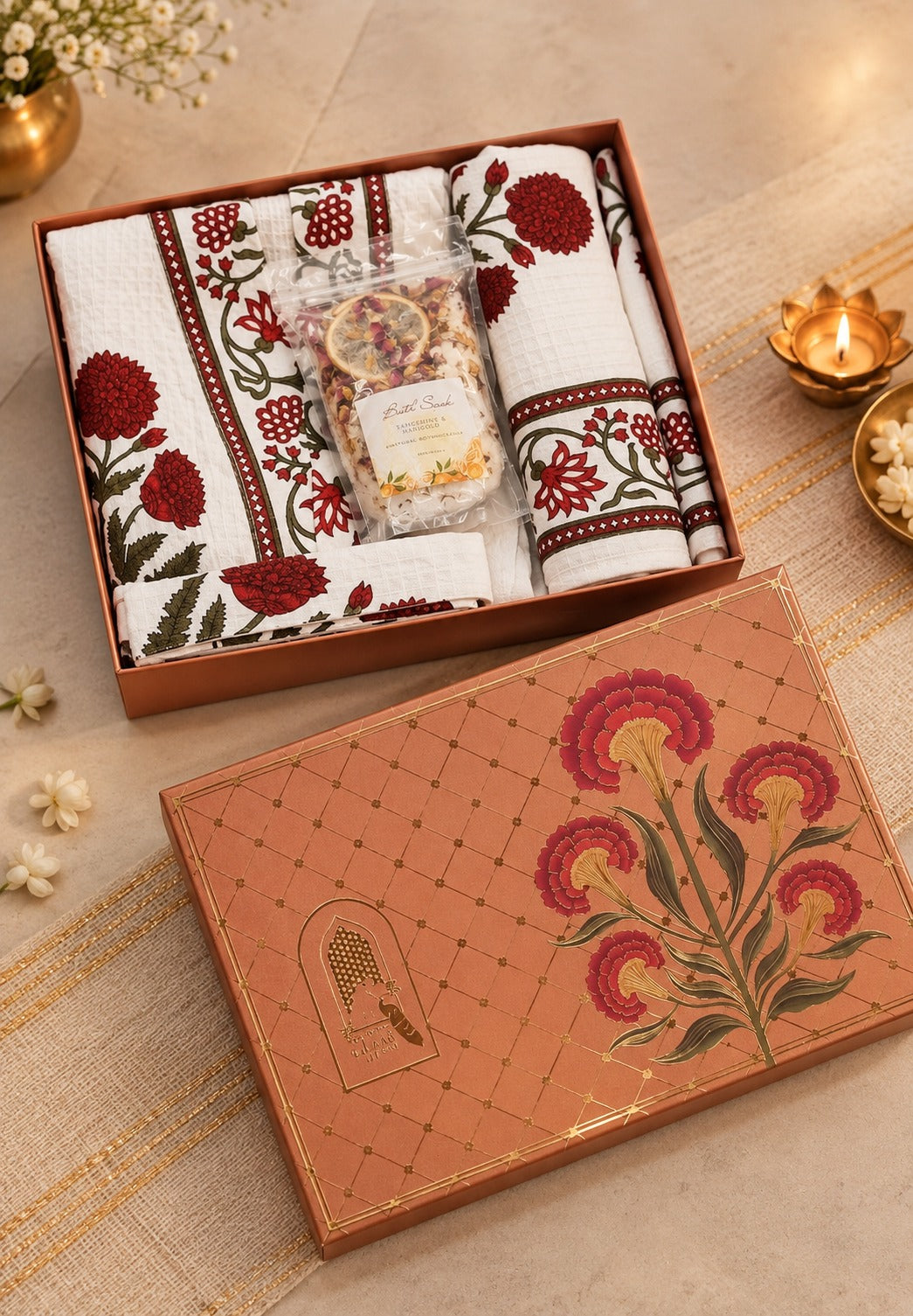 Diwali Self Care Gift Box – 1 Unisex Bathrobe, 1 Bath Towel, 2 hand Towels, Rose Petals & Orange Bath Salt (250g)