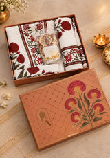 Diwali Self Care Gift Box – 1 Unisex Bathrobe, 1 Bath Towel, 2 hand Towels, Rose Petals & Orange Bath Salt (250g)