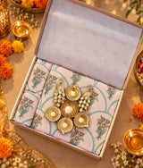 Diwali Bedsheet Value Gift Box | 1 Double Polycotton Bedsheet & 2 Pillow Covers, 1 Large Peacock Metal Urli