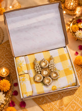 Diwali Bedsheet Value Gift Box | 1 Double Polycotton Bedsheet & 2 Pillow Covers, 1 Large Peacock Metal Urli