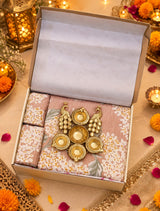 Diwali Bedsheet Value Gift Box | 1 Double Polycotton Bedsheet & 2 Pillow Covers, 1 Large Peacock Metal Urli
