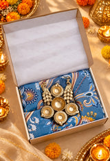 Diwali Bedsheet Value Gift Box | 1 Double Polycotton Bedsheet & 2 Pillow Covers, 1 Large Peacock Metal Urli