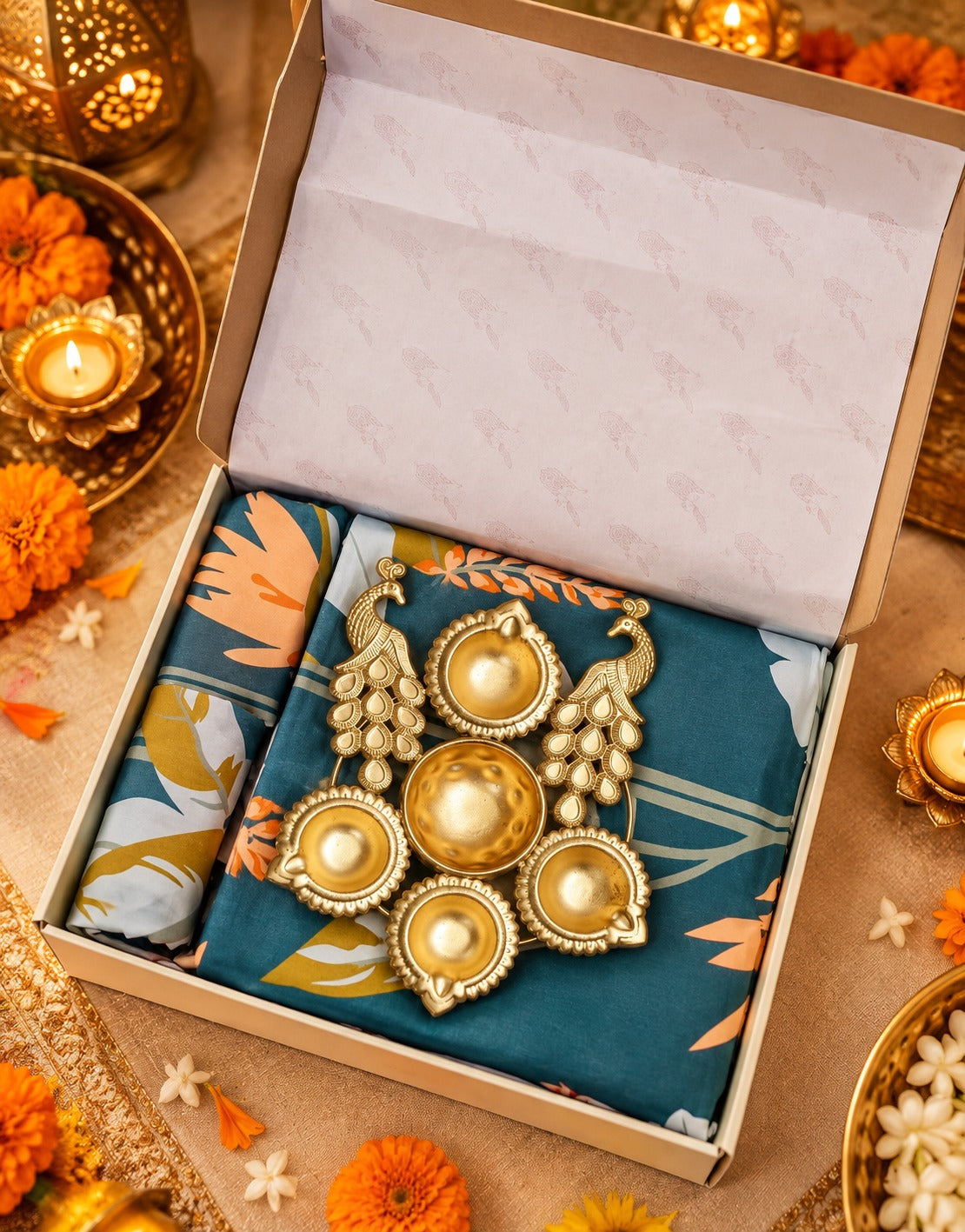 Diwali Bedsheet Value Gift Box | 1 Double Polycotton Bedsheet & 2 Pillow Covers, 1 Large Peacock Metal Urli