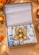 Diwali Bedsheet Value Gift Box | 1 Double Polycotton Bedsheet & 2 Pillow Covers, 1 Large Peacock Metal Urli