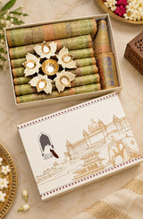 Diwali Gift Box with Banarasi Zari Table Runner, Set Of 6 Mats, 6 coaster, 6 inch Metal Urlir