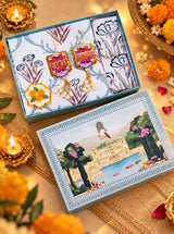 Diwali Premium Gift Box | 1 Super King Size Premium Bedsheet with 2 Pillow Cover, 1 Handmade Urli Candle Set of 2 Resin Art Door Hangings