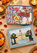 Diwali Premium Gift Box | 1 Super King Size Premium Bedsheet with 2 Pillow Cover, 1 Handmade Urli Candle Set of 2 Resin Art Door Hangings