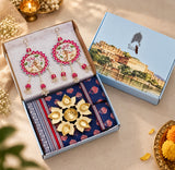 Diwali Complete Gift Box | 1 Ethnic Motifs Double Bedsheet with 2 Pillow Covers, 1 Lotus Urli, Set of 2 Door Hangings