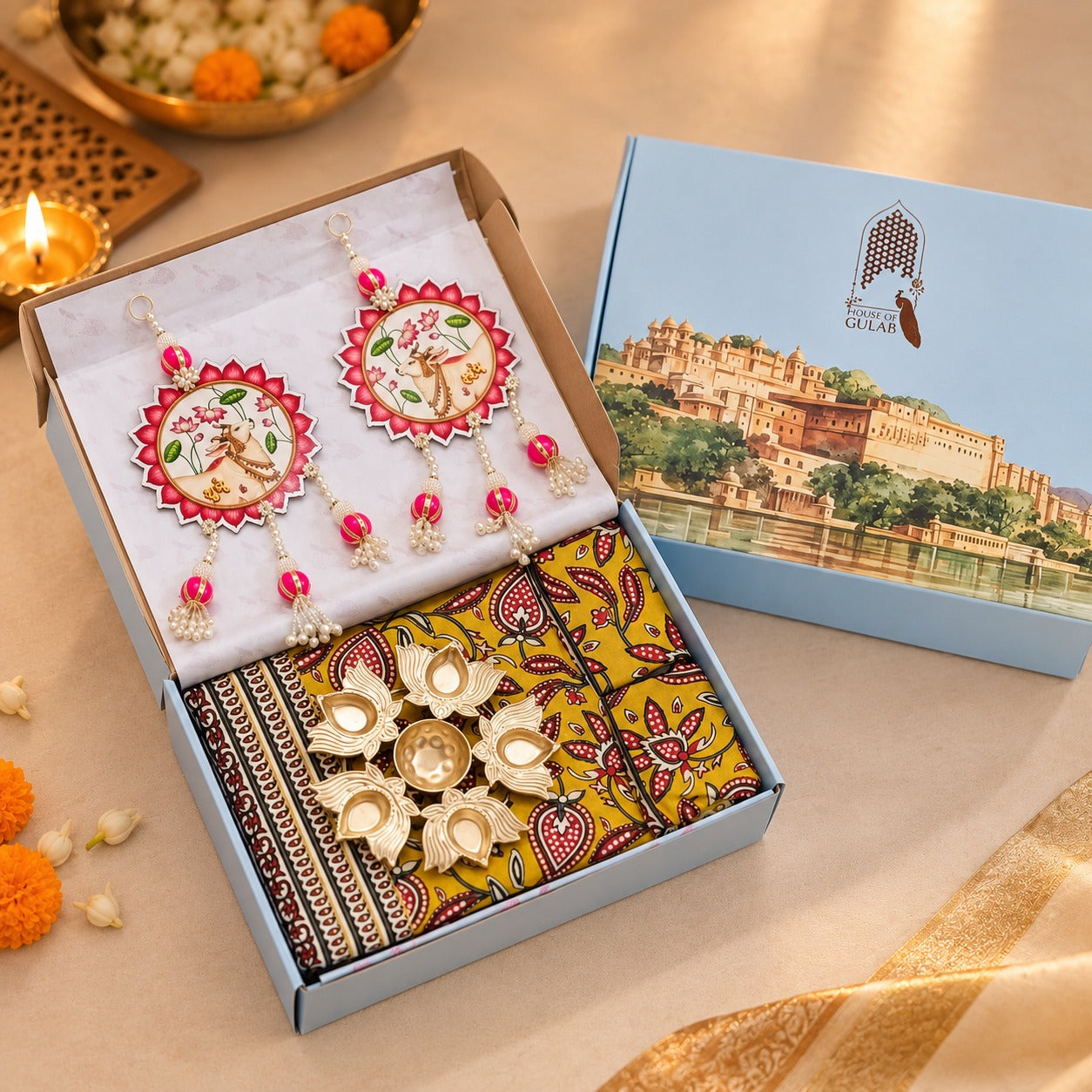 Diwali Complete Gift Box | 1 Ethnic Motifs Double Bedsheet with 2 Pillow Covers, 1 Lotus Urli, Set of 2 Door Hangings