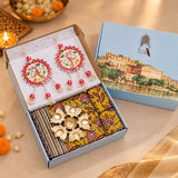 Diwali Complete Gift Box | 1 Ethnic Motifs Double Bedsheet with 2 Pillow Covers, 1 Lotus Urli, Set of 2 Door Hangings