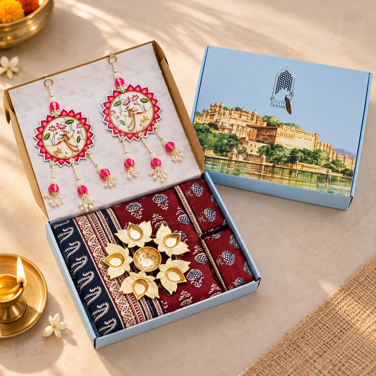 Diwali Complete Gift Box | 1 Ethnic Motifs Double Bedsheet with 2 Pillow Covers, 1 Lotus Urli, Set of 2 Door Hangings