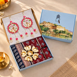 Diwali Complete Gift Box | 1 Ethnic Motifs Double Bedsheet with 2 Pillow Covers, 1 Lotus Urli, Set of 2 Door Hangings