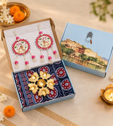 Diwali Complete Gift Box | 1 Ethnic Motifs Double Bedsheet with 2 Pillow Covers, 1 Lotus Urli, Set of 2 Door Hangings