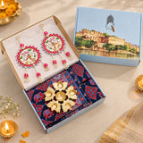 Diwali Complete Gift Box | 1 Ethnic Motifs Double Bedsheet with 2 Pillow Covers, 1 Lotus Urli, Set of 2 Door Hangings