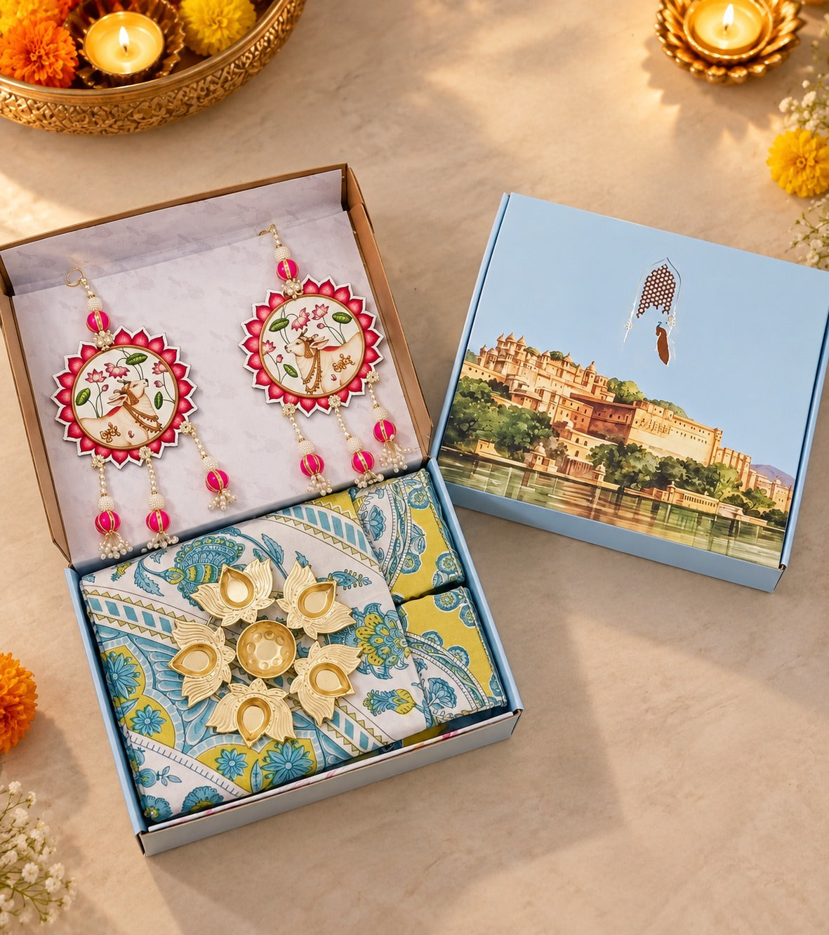 Diwali Complete Gift Box | 1 Ethnic Motifs Double Bedsheet with 2 Pillow Covers, 1 Lotus Urli, Set of 2 Door Hangings