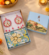 Diwali Complete Gift Box | 1 Ethnic Motifs Double Bedsheet with 2 Pillow Covers, 1 Lotus Urli, Set of 2 Door Hangings