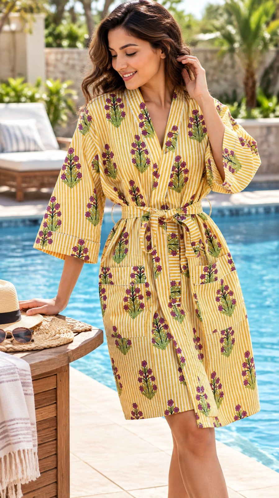 Cotton Kimono Handblock Printed Unisex Bathrobe - Free Size