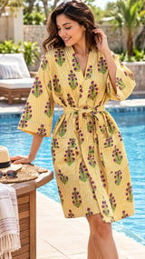 Cotton Kimono Handblock Printed Unisex Bathrobe - Free Size