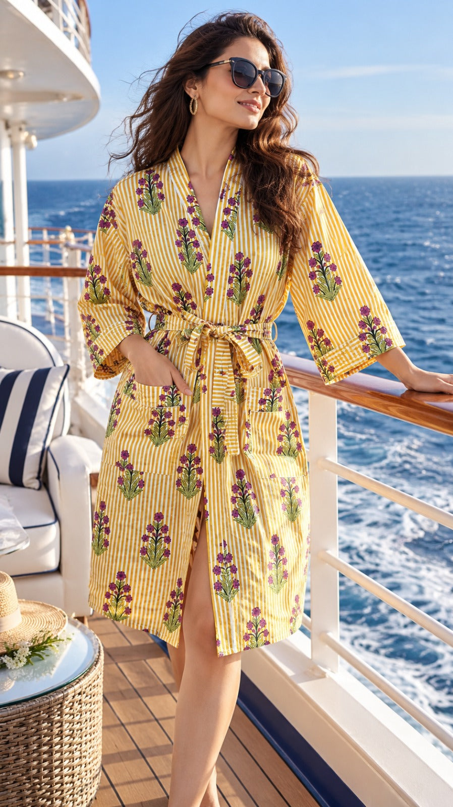 Cotton Kimono Handblock Printed Unisex Bathrobe - Free Size