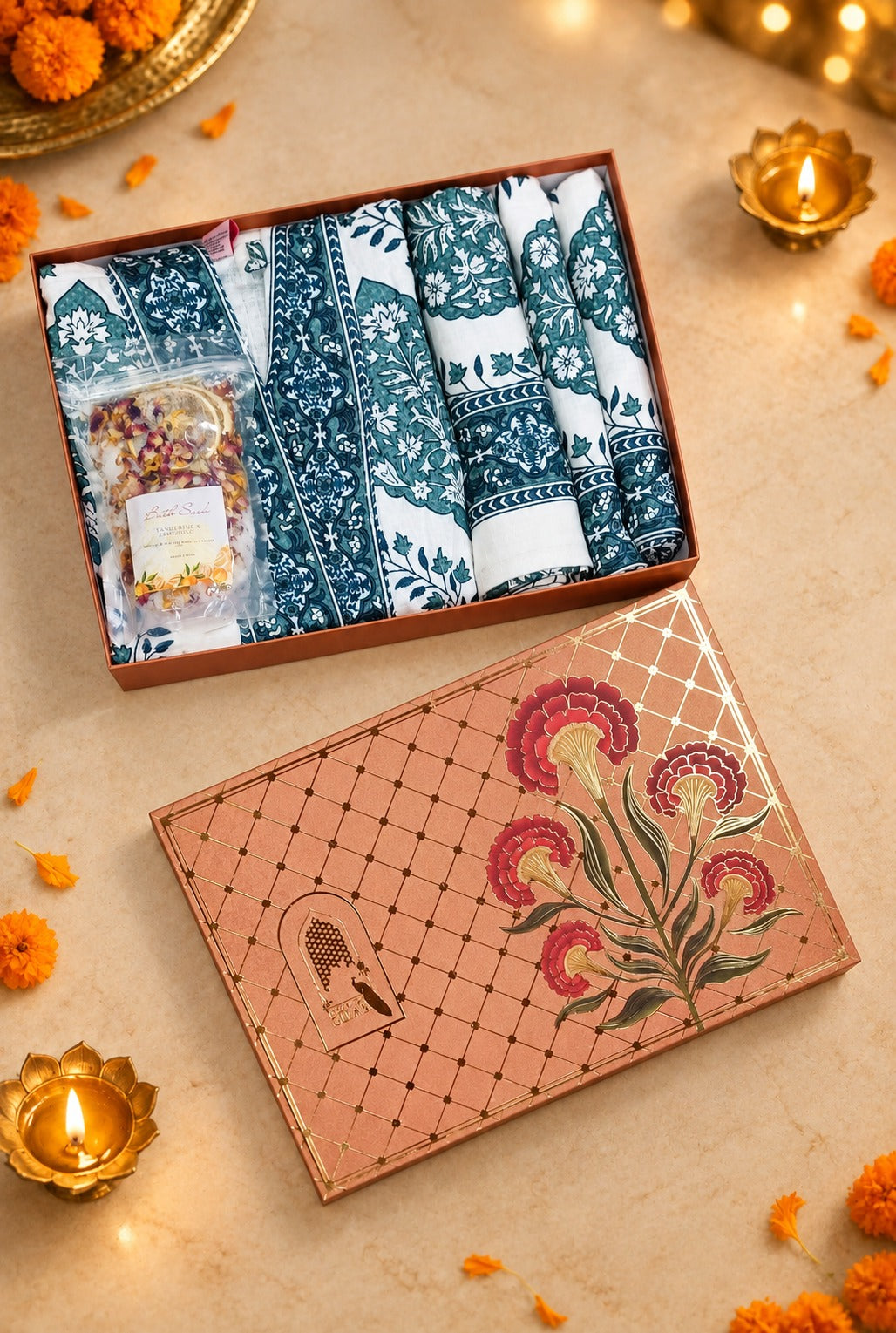 Diwali Self Care Gift Box – 1 Unisex Bathrobe, 1 Bath Towel, 2 hand Towels, Rose Petals & Orange Bath Salt (250g)