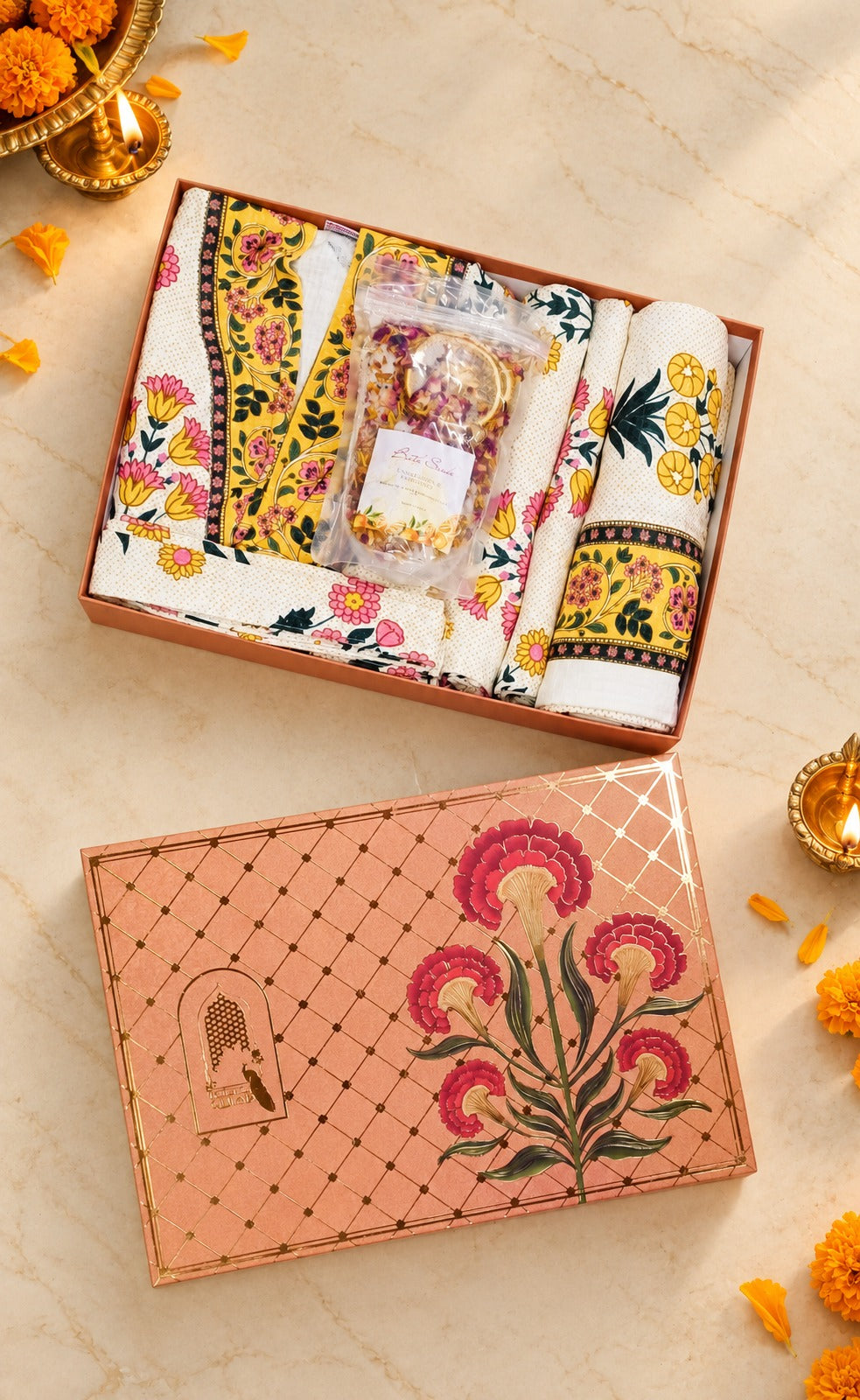 Diwali Self Care Gift Box – 1 Unisex Bathrobe, 1 Bath Towel, 2 hand Towels, Rose Petals & Orange Bath Salt (250g)