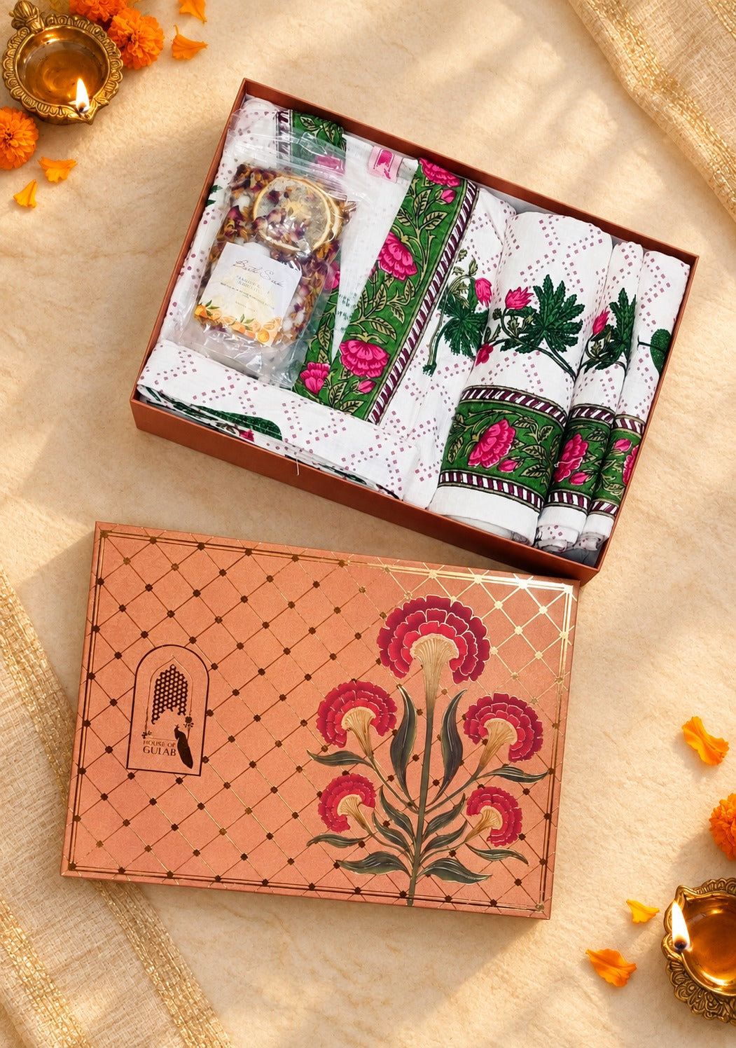 Diwali Self Care Gift Box – 1 Unisex Bathrobe, 1 Bath Towel, 2 hand Towels, Rose Petals & Orange Bath Salt (250g)