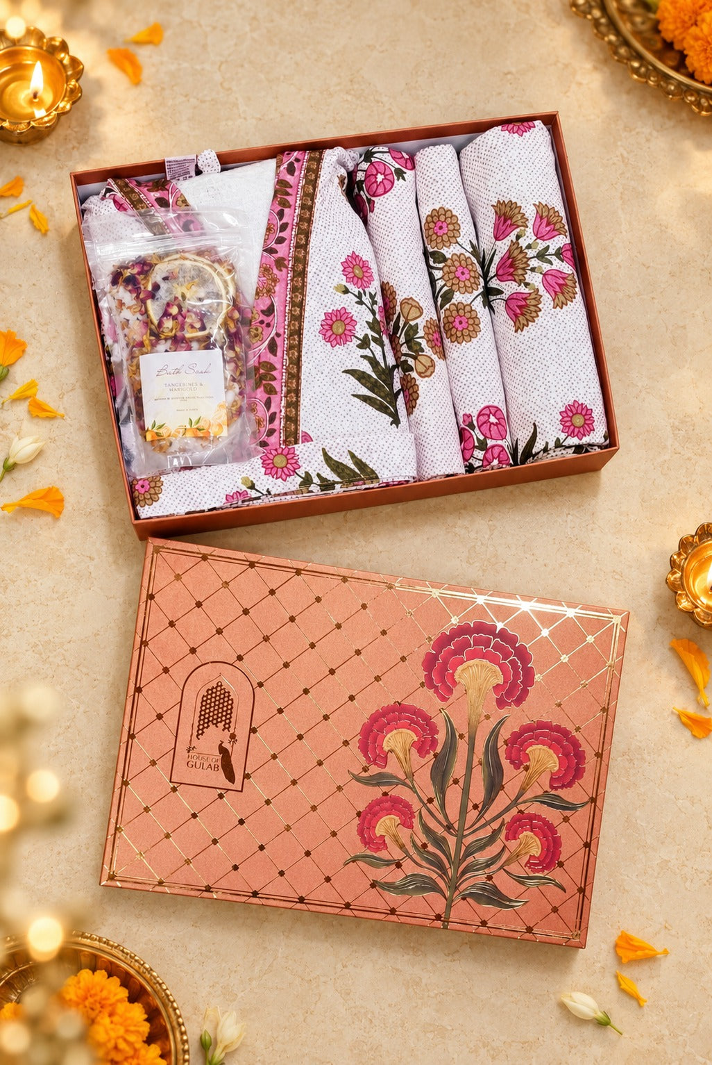 Diwali Self Care Gift Box – 1 Unisex Bathrobe, 1 Bath Towel, 2 hand Towels, Rose Petals & Orange Bath Salt (250g)