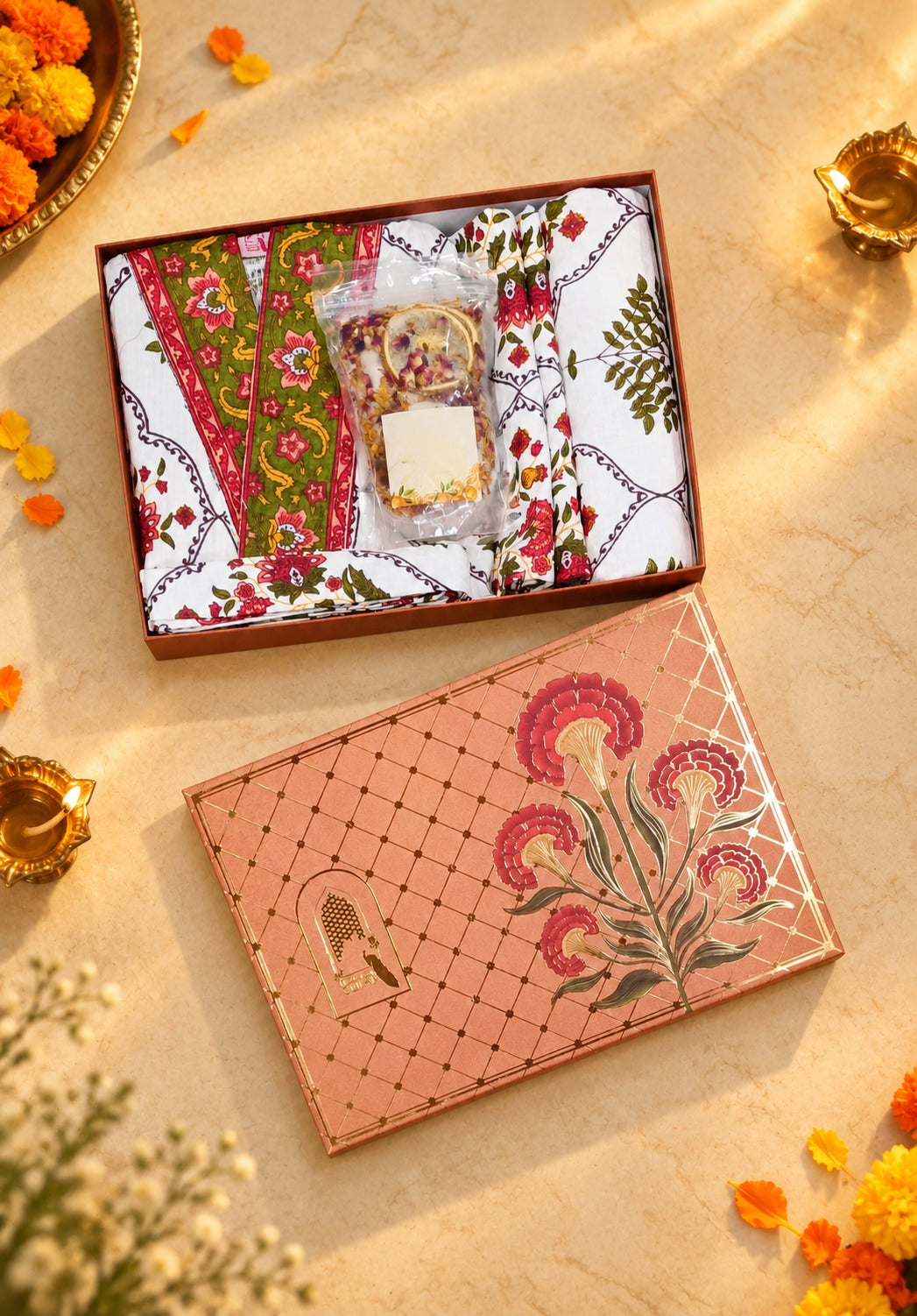 Diwali Self Care Gift Box – 1 Unisex Bathrobe, 1 Bath Towel, 2 hand Towels, Rose Petals & Orange Bath Salt (250g)