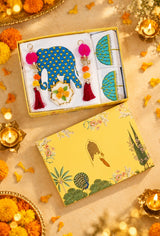 Diwali Luxury Gift Box | 1 Ethnic Motifs Super King Size Bedsheet with 2 Pillow Covers, 1 Handmade Urli Candle, Set of 2 Door Hangings