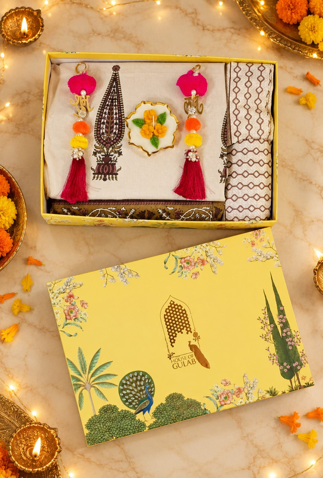 Diwali Luxury Gift Box | 1 Ethnic Motifs Super King Size Bedsheet with 2 Pillow Covers, 1 Handmade Urli Candle, Set of 2 Door Hangings