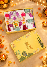Diwali Luxury Gift Box | 1 Ethnic Motifs Super King Size Bedsheet with 2 Pillow Covers, 1 Handmade Urli Candle, Set of 2 Door Hangings