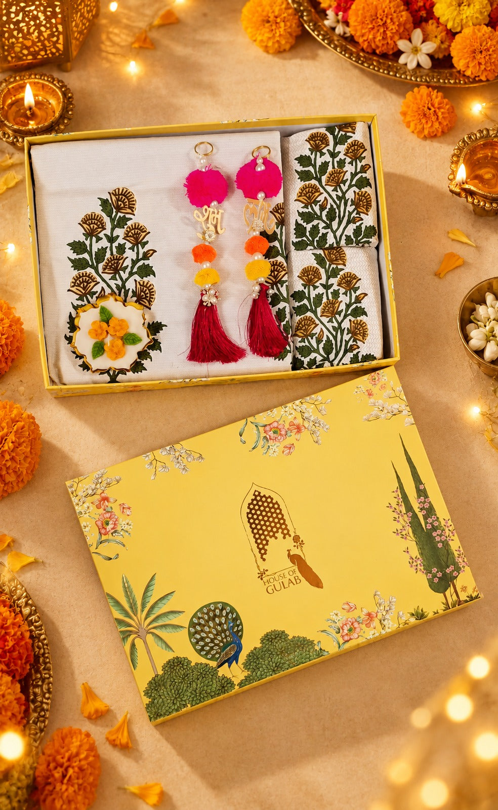 Diwali Luxury Gift Box | 1 Ethnic Motifs Super King Size Bedsheet with 2 Pillow Covers, 1 Handmade Urli Candle, Set of 2 Door Hangings