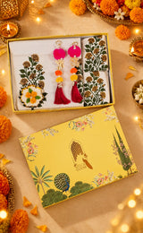 Diwali Luxury Gift Box | 1 Ethnic Motifs Super King Size Bedsheet with 2 Pillow Covers, 1 Handmade Urli Candle, Set of 2 Door Hangings
