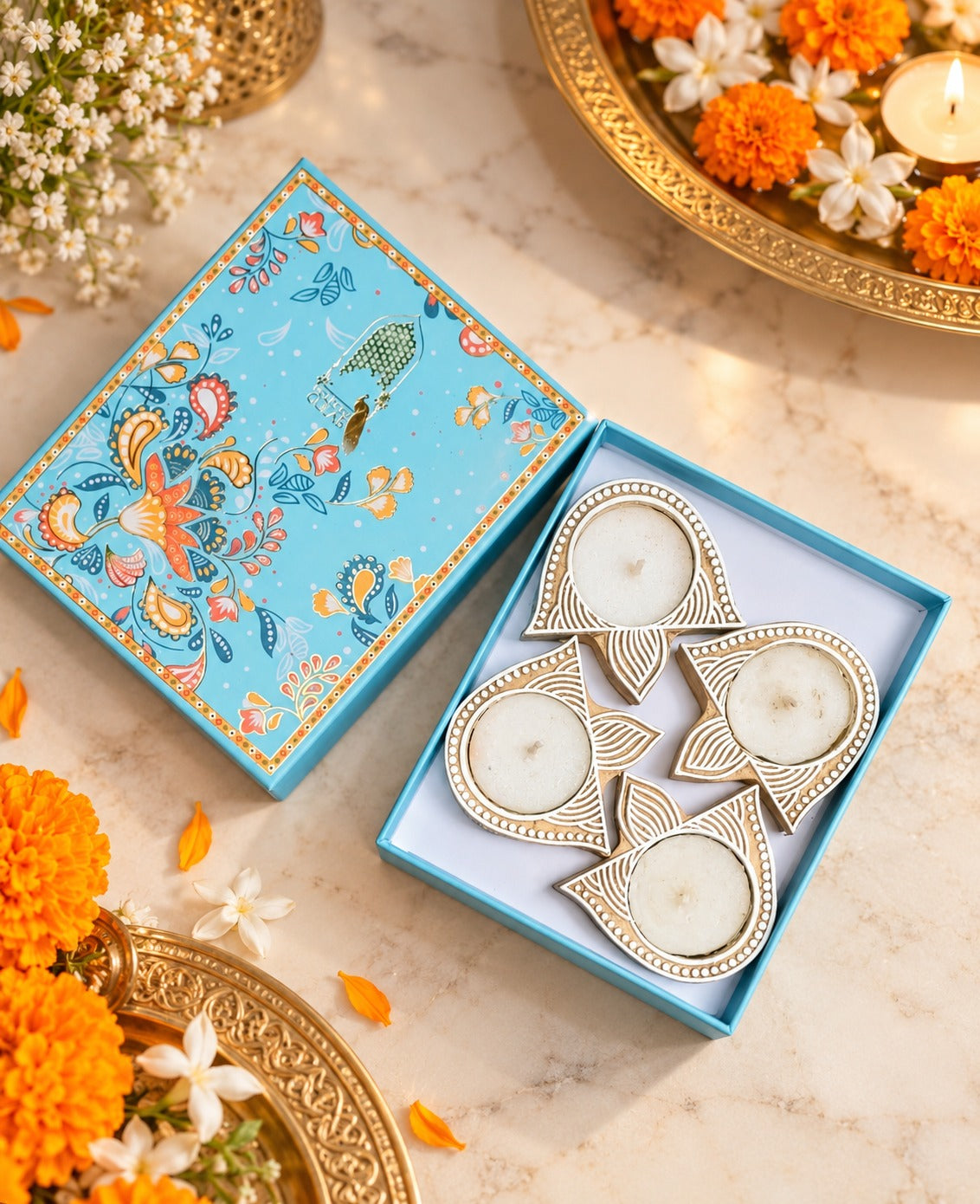 Diwali Gift Box – Set of 4 Diya Shaped Handblock Candle Holders with T-Light Candles
