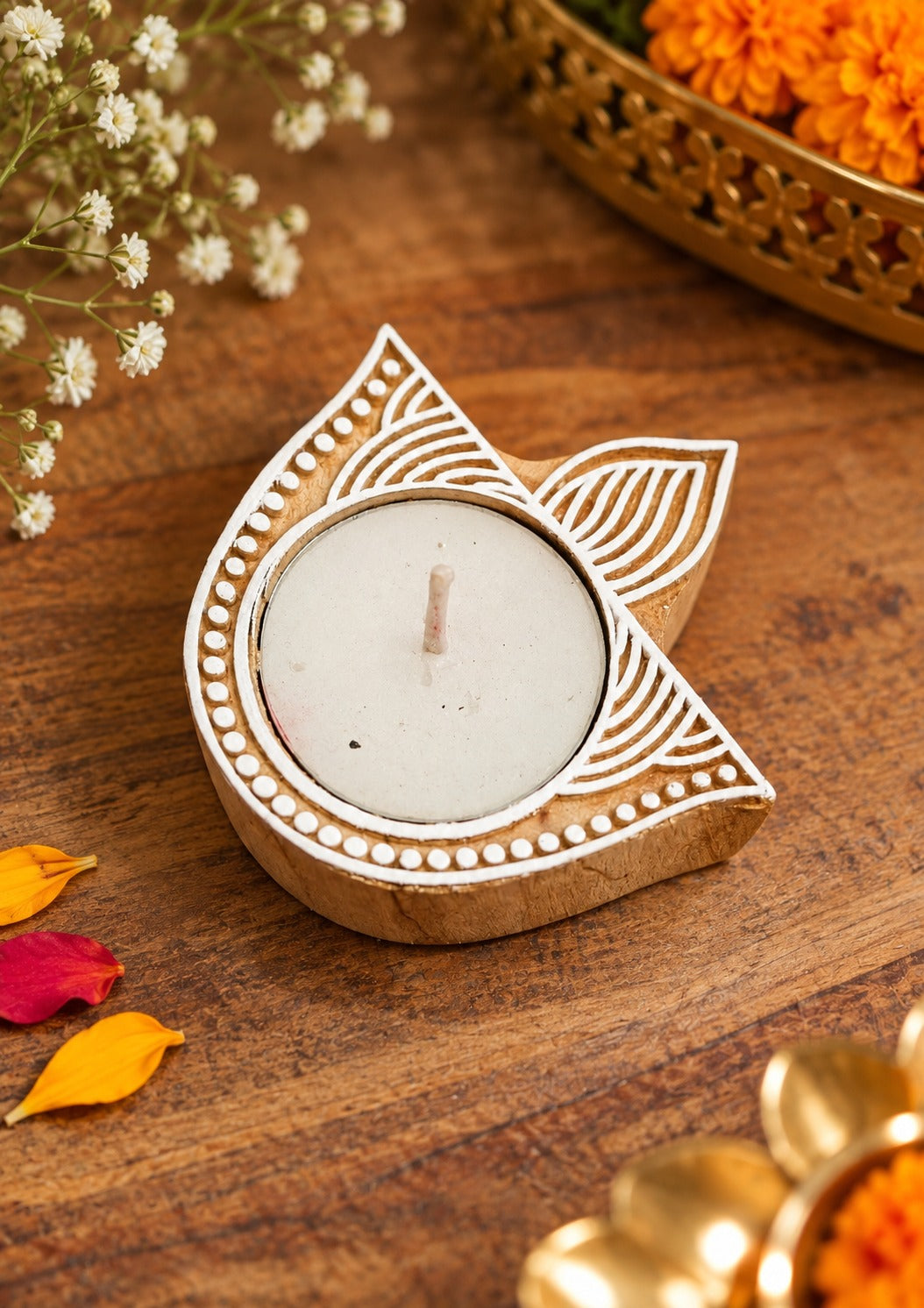 Diwali Gift Box – Set of 4 Diya Shaped Handblock Candle Holders with T-Light Candles