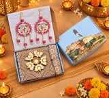 Diwali Complete Gift Box | 1 Ethnic Motifs Double Bedsheet with 2 Pillow Covers, 1 Lotus Urli, Set of 2 Door Hangings