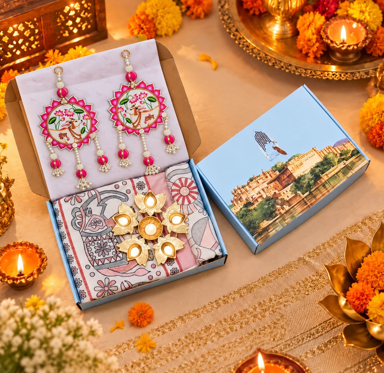 Diwali Complete Gift Box | 1 Ethnic Motifs Double Bedsheet with 2 Pillow Covers, 1 Lotus Urli, Set of 2 Door Hangings