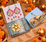 Diwali Complete Gift Box | 1 Ethnic Motifs Double Bedsheet with 2 Pillow Covers, 1 Lotus Urli, Set of 2 Door Hangings