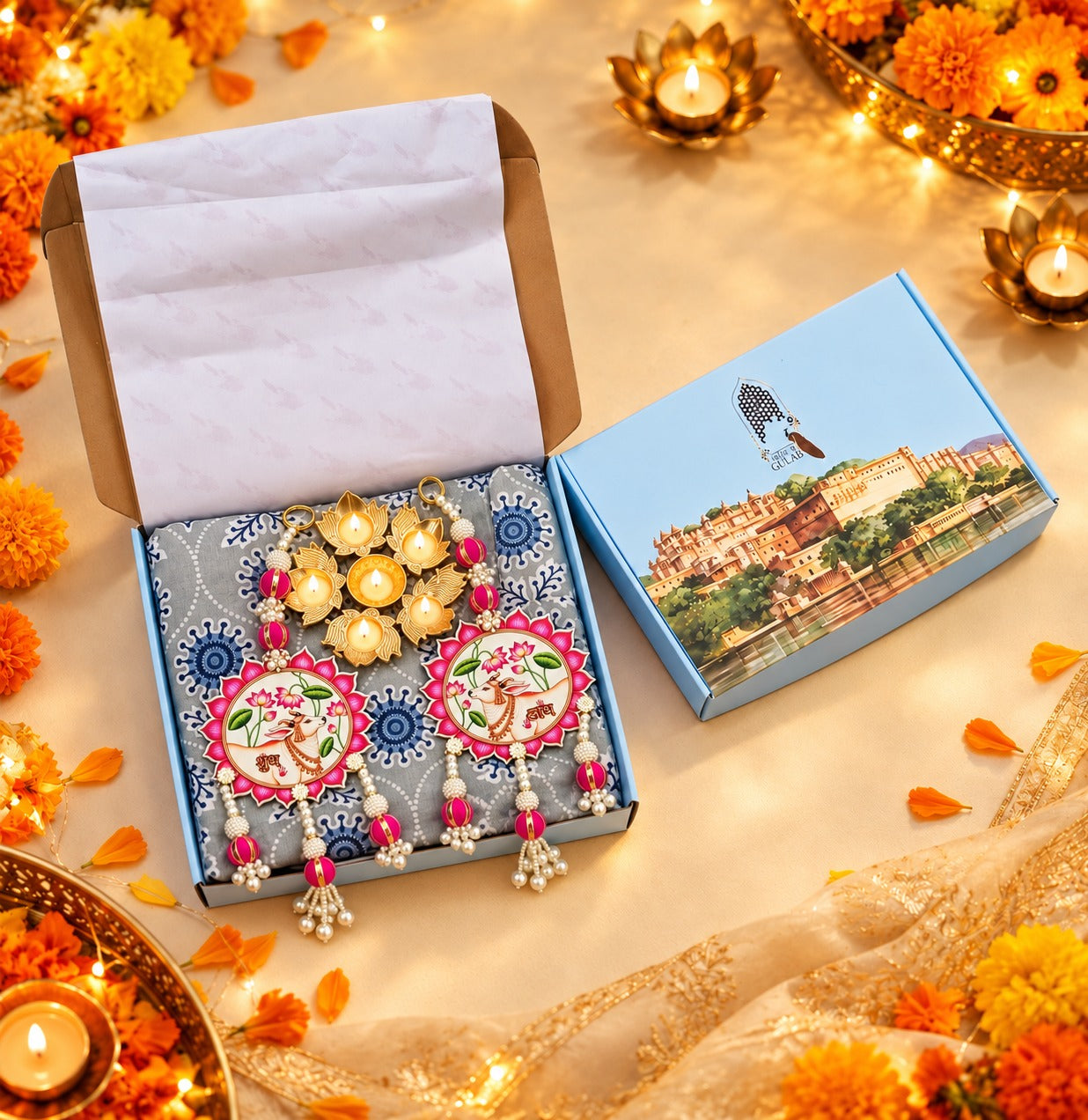 Diwali Complete Gift Box | 1 Ethnic Motifs Double Bedsheet with 2 Pillow Covers, 1 Lotus Urli, Set of 2 Door Hangings