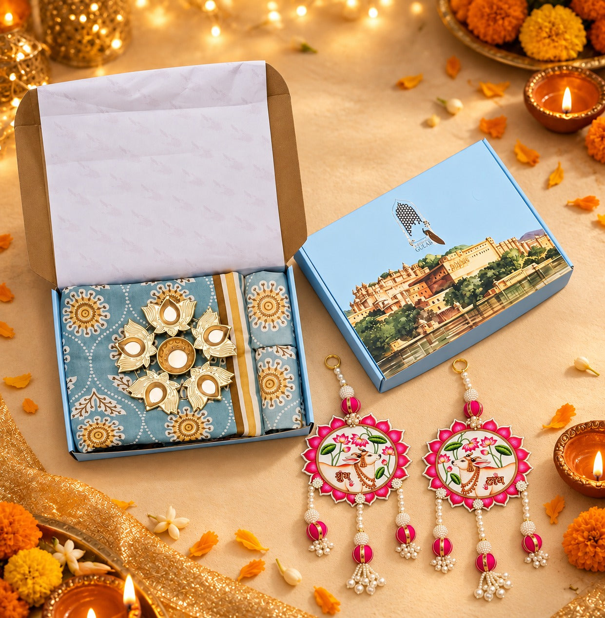 Diwali Complete Gift Box | 1 Ethnic Motifs Double Bedsheet with 2 Pillow Covers, 1 Lotus Urli, Set of 2 Door Hangings