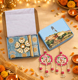 Diwali Complete Gift Box | 1 Ethnic Motifs Double Bedsheet with 2 Pillow Covers, 1 Lotus Urli, Set of 2 Door Hangings