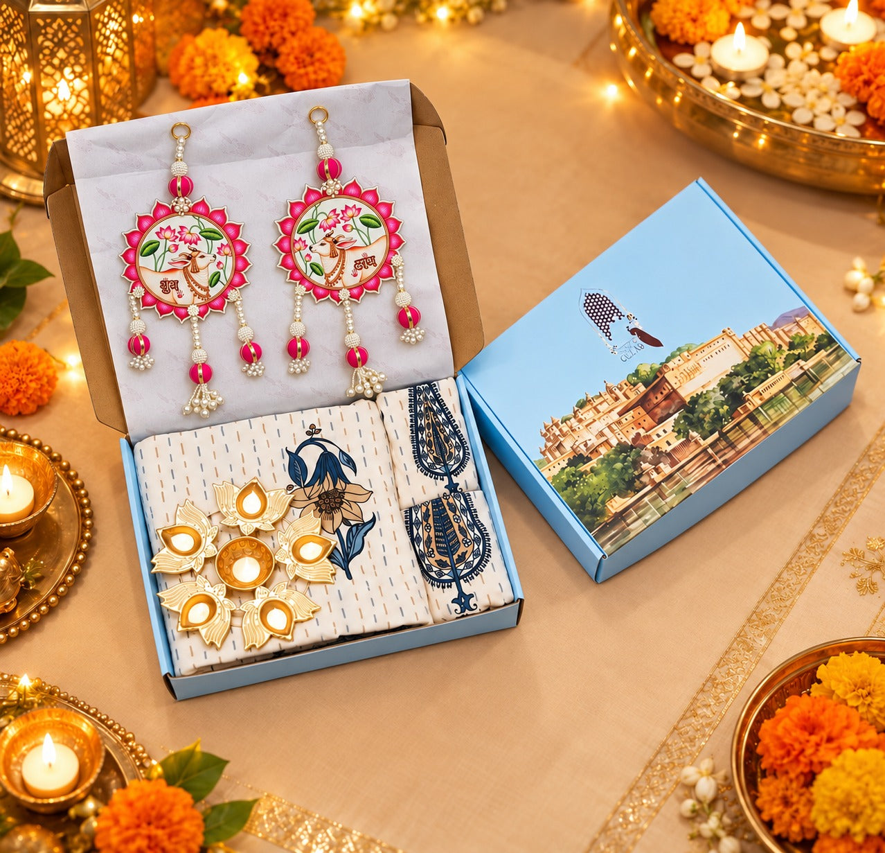 Diwali Complete Gift Box | 1 Ethnic Motifs Double Bedsheet with 2 Pillow Covers, 1 Lotus Urli, Set of 2 Door Hangings