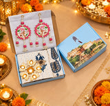 Diwali Complete Gift Box | 1 Ethnic Motifs Double Bedsheet with 2 Pillow Covers, 1 Lotus Urli, Set of 2 Door Hangings