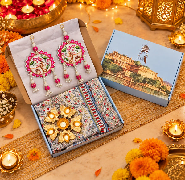 Diwali Complete Gift Box | 1 Ethnic Motifs Double Bedsheet with 2 Pillow Covers, 1 Lotus Urli, Set of 2 Door Hangings