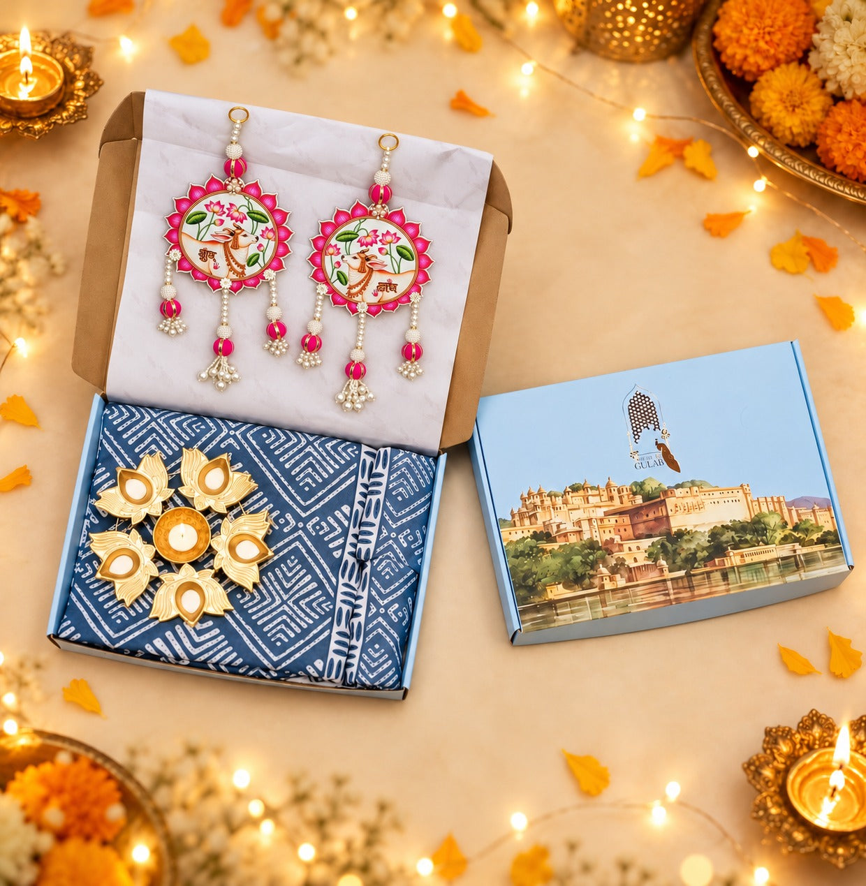 Diwali Complete Gift Box | 1 Ethnic Motifs Double Bedsheet with 2 Pillow Covers, 1 Lotus Urli, Set of 2 Door Hangings