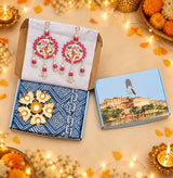 Diwali Complete Gift Box | 1 Ethnic Motifs Double Bedsheet with 2 Pillow Covers, 1 Lotus Urli, Set of 2 Door Hangings