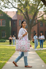 Handblock Printed Quilted Tote Bag without zip/button 17x18x 6 inches