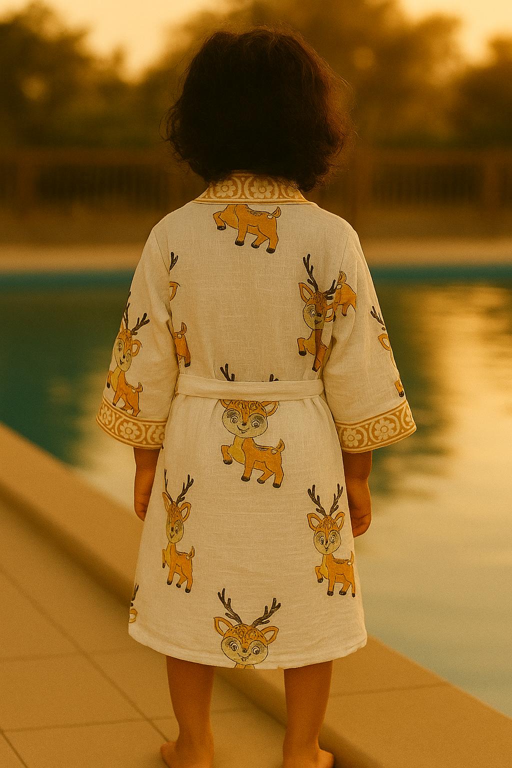 Handblock printed waffle cotton bathrobe for kids - 4-13 years old
