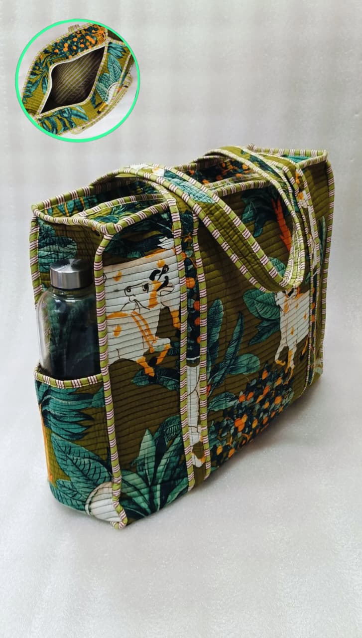 Handblock Printed Quilted Tote Bag with concealed zip ( 17x18x 6 inches)