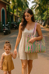 Handblock Printed Quilted Tote Bag without zip/button 17x18x 6 inches